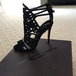 B Brian Atwood Lasercut Black Suede Sandals